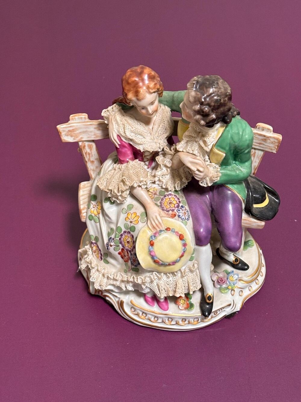 Antique 1762 Volkstedt Germany Porcelain Victorian Couple Sitting on Bench